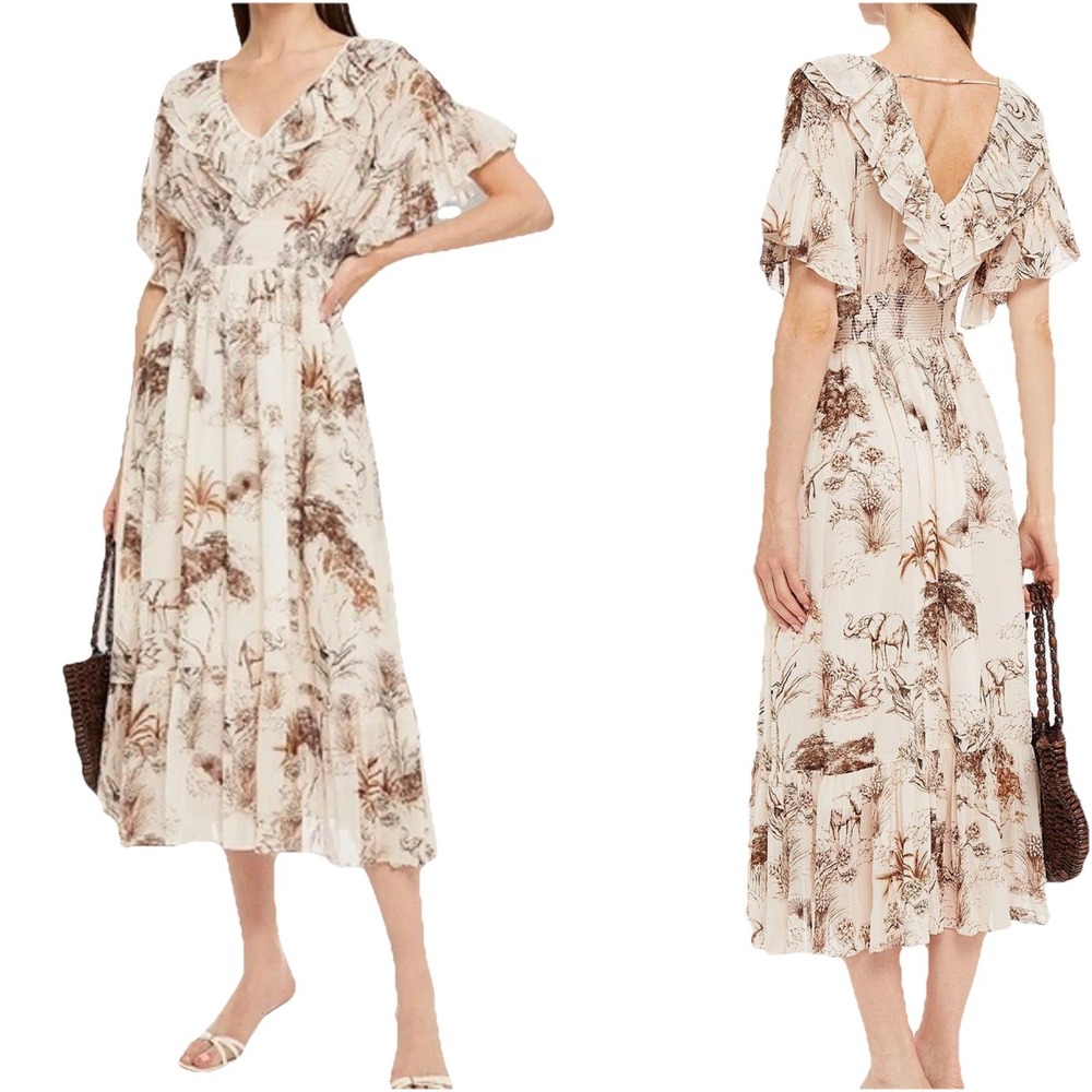 Sandro Cream & Brown Printed Midi Dress